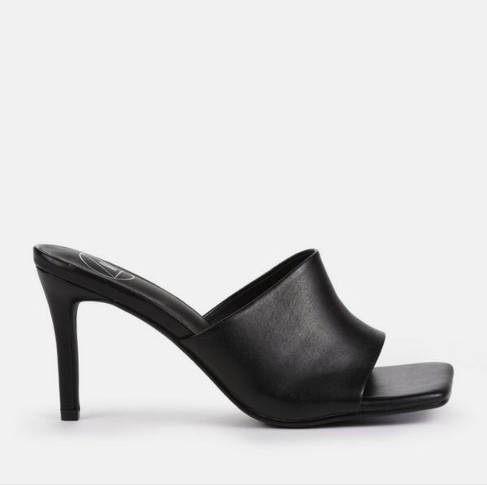 black faux leather mid heel mule sandals
